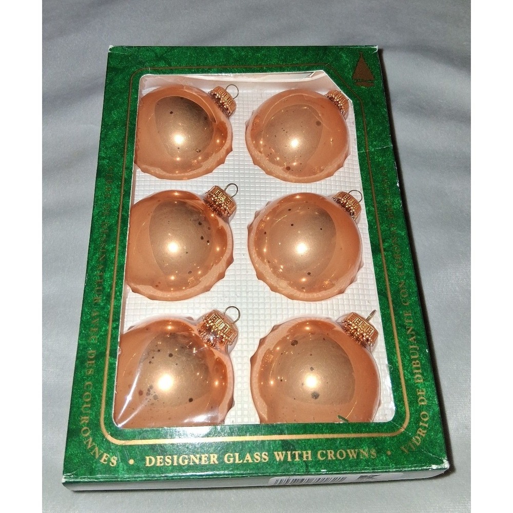 Christmas by Krebs Glass Ornaments Set of 6 Peach Copper Made USA Boxed